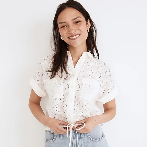 Madewell Eyelet Button Up Drawstring Short Sleeve White Shirt - Picture 1 of 11